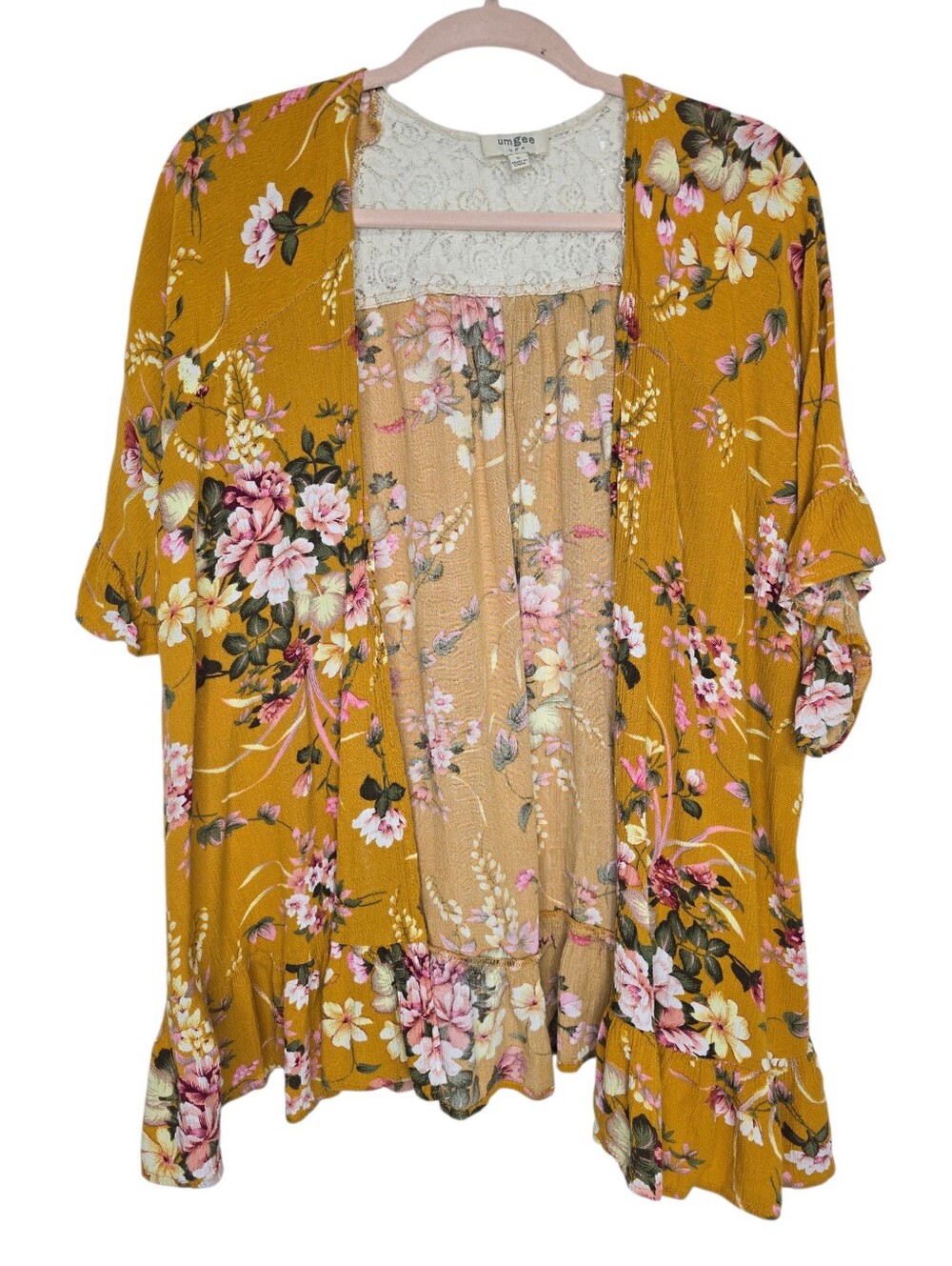 Mustard yellow Umgee floral kimono cardigan with lace detail and ruffle sleeves
